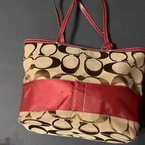 Authentic COACH Signature Tote Bag. Brown/Burgundy. Leather Trim.